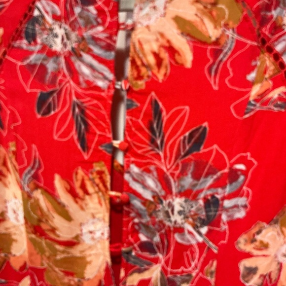 Free People Coral-Red Floral High-Low V-Neck Dress - Picture 10 of 13